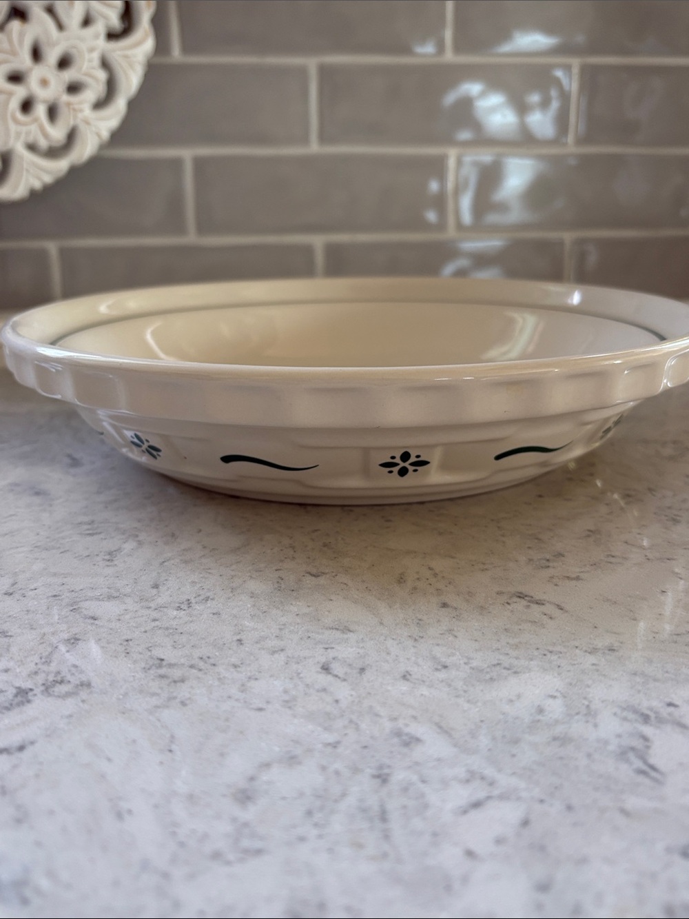 New Longaberger Pottery PIE DISH Green Cream